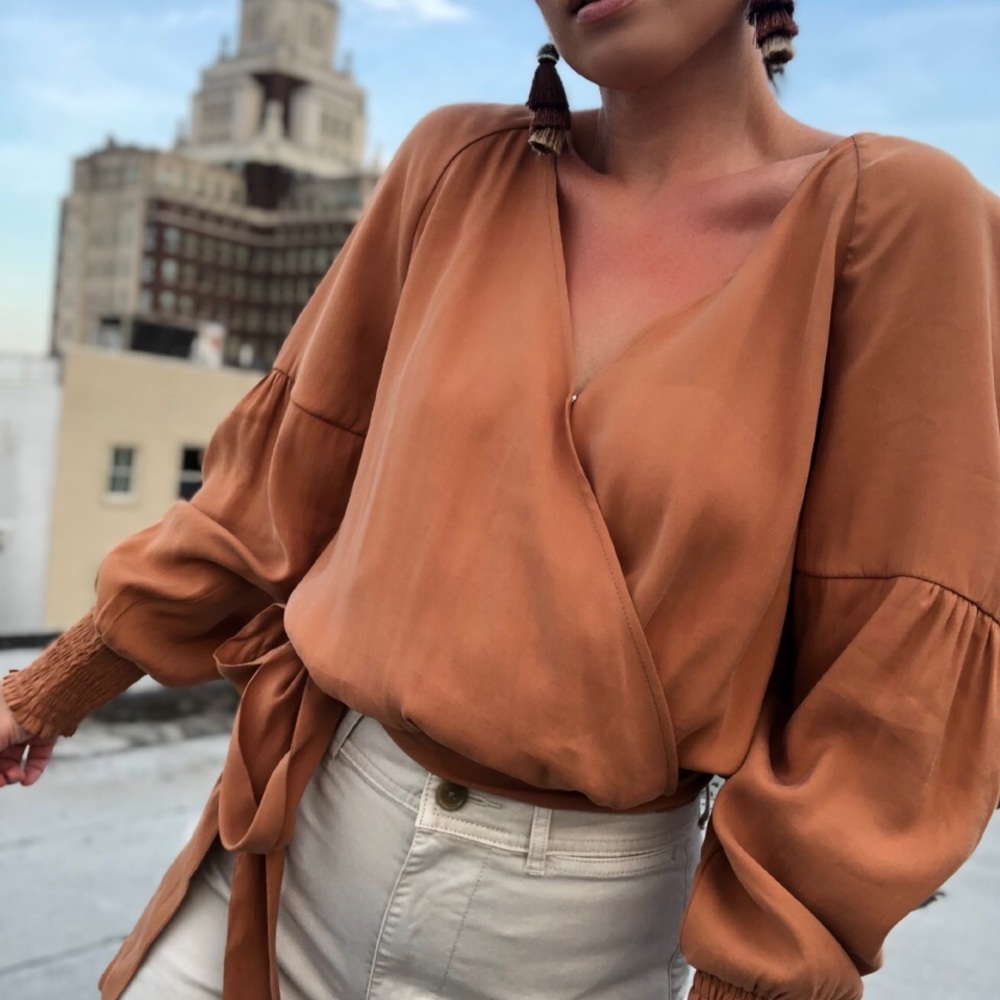 Anna Rust Puff Sleeve Wrap Top - Picture 8 of 8